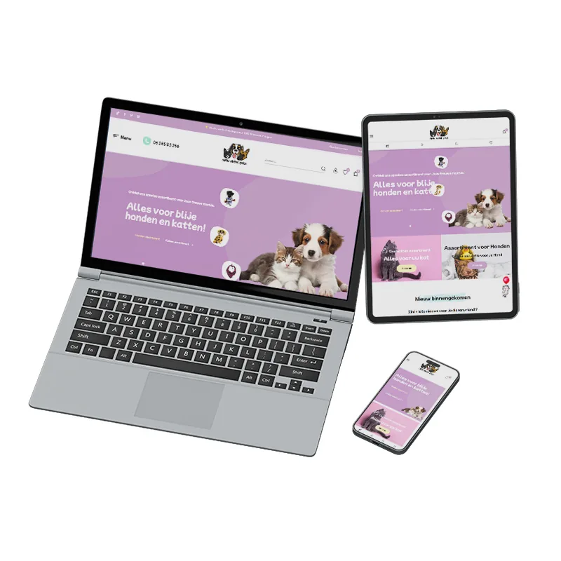Responsive webshop voor honden en katten, gebouwd door SjopSjop, live op laptop, tablet en smartphone