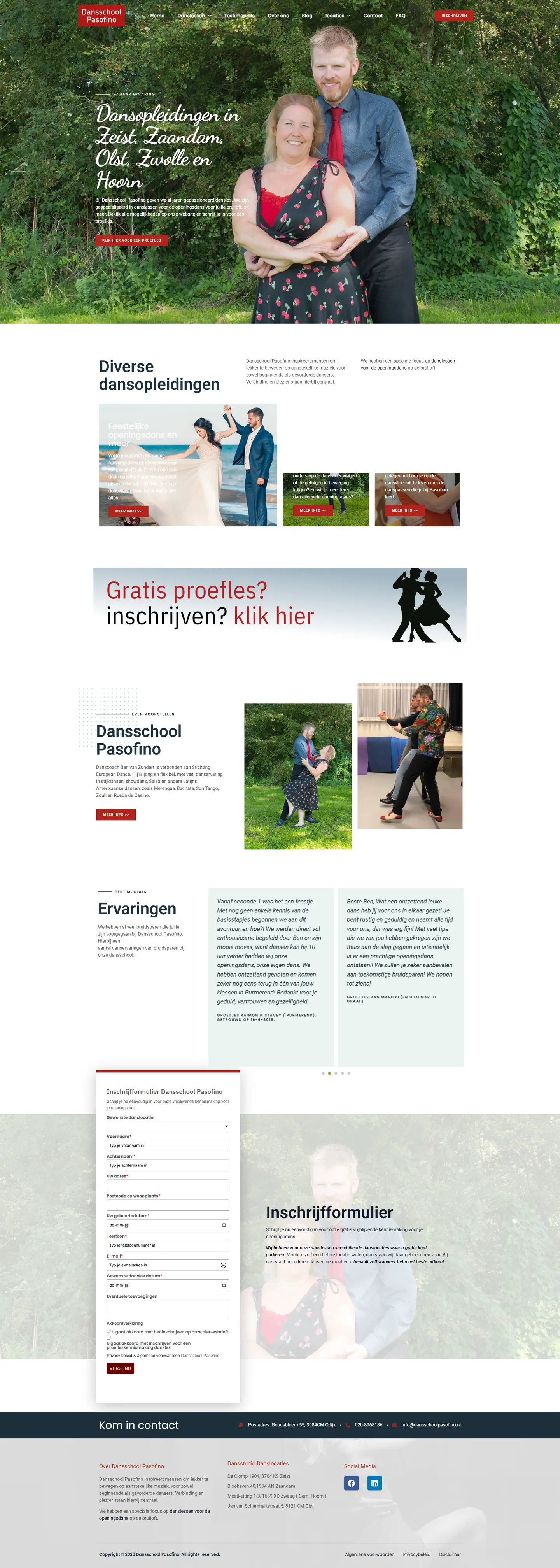Volledige homepagina van dansschoolpasofino.nl, ontworpen en gebouwd door SjopSjop