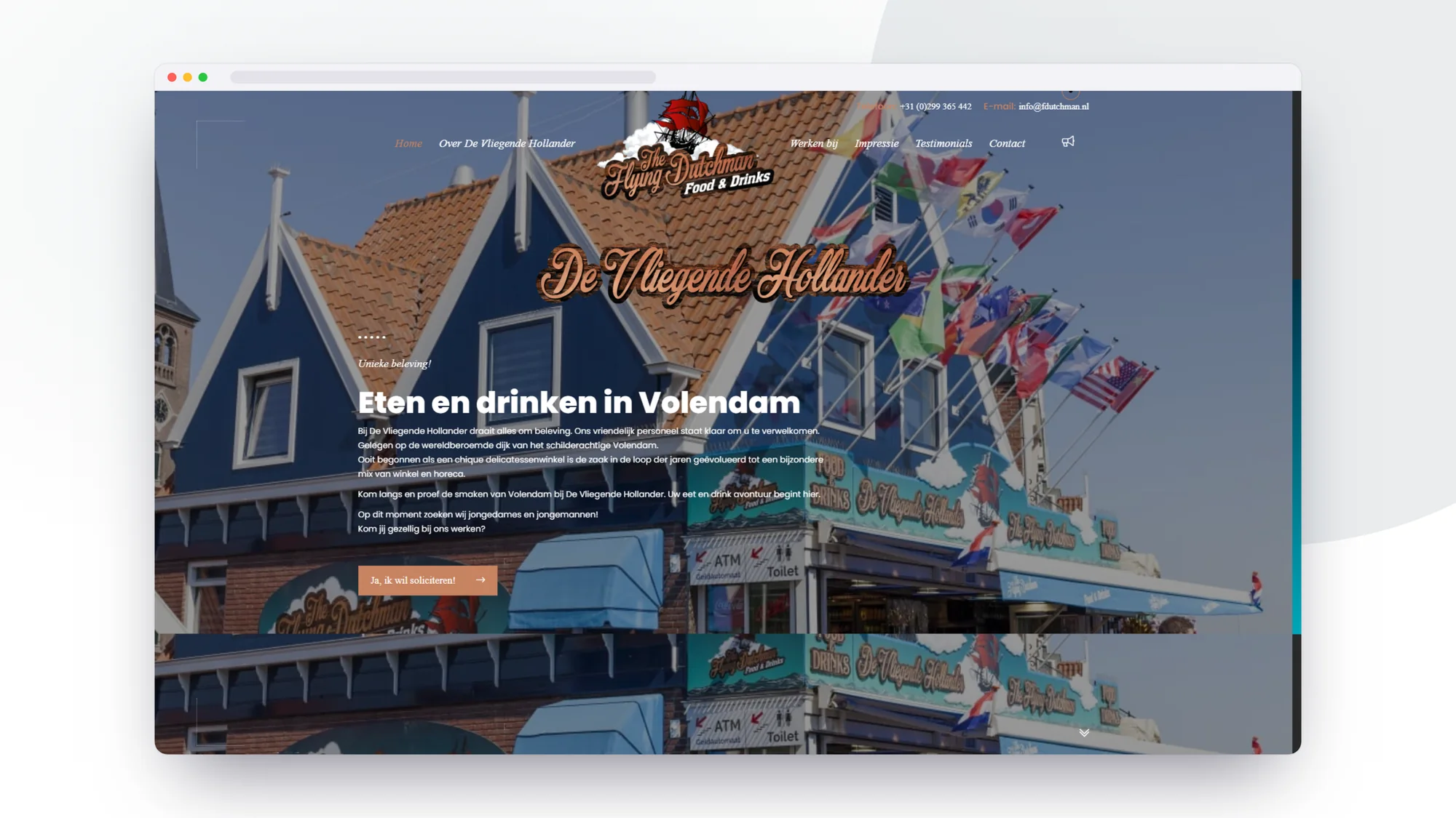 De Vliegende Hollander: One-page website door SjopSjop, getoond op desktop, laptop en smartphone