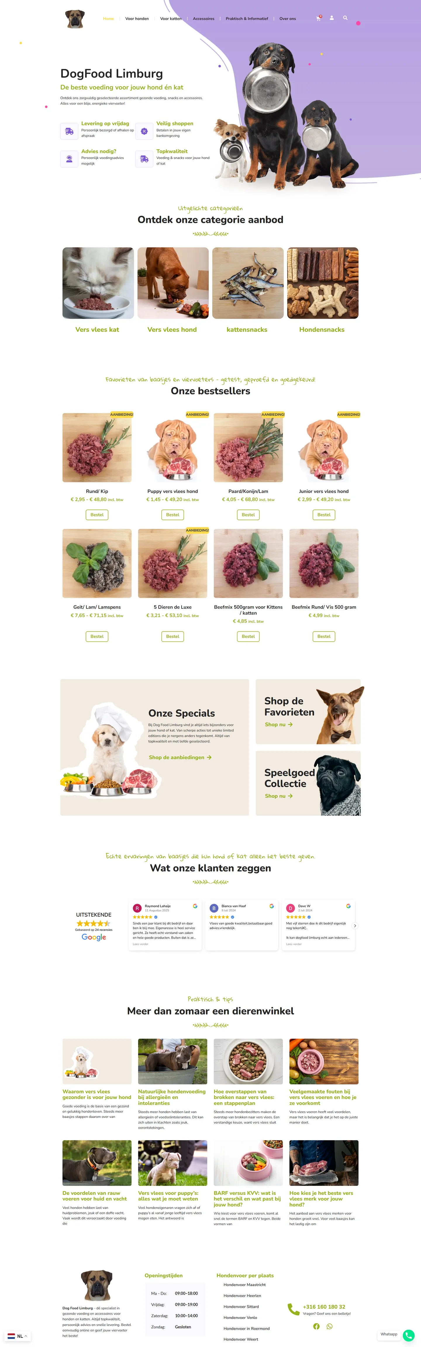 Volledige homepagina van dogfoodlimburg.nl, ontworpen en gebouwd door SjopSjop