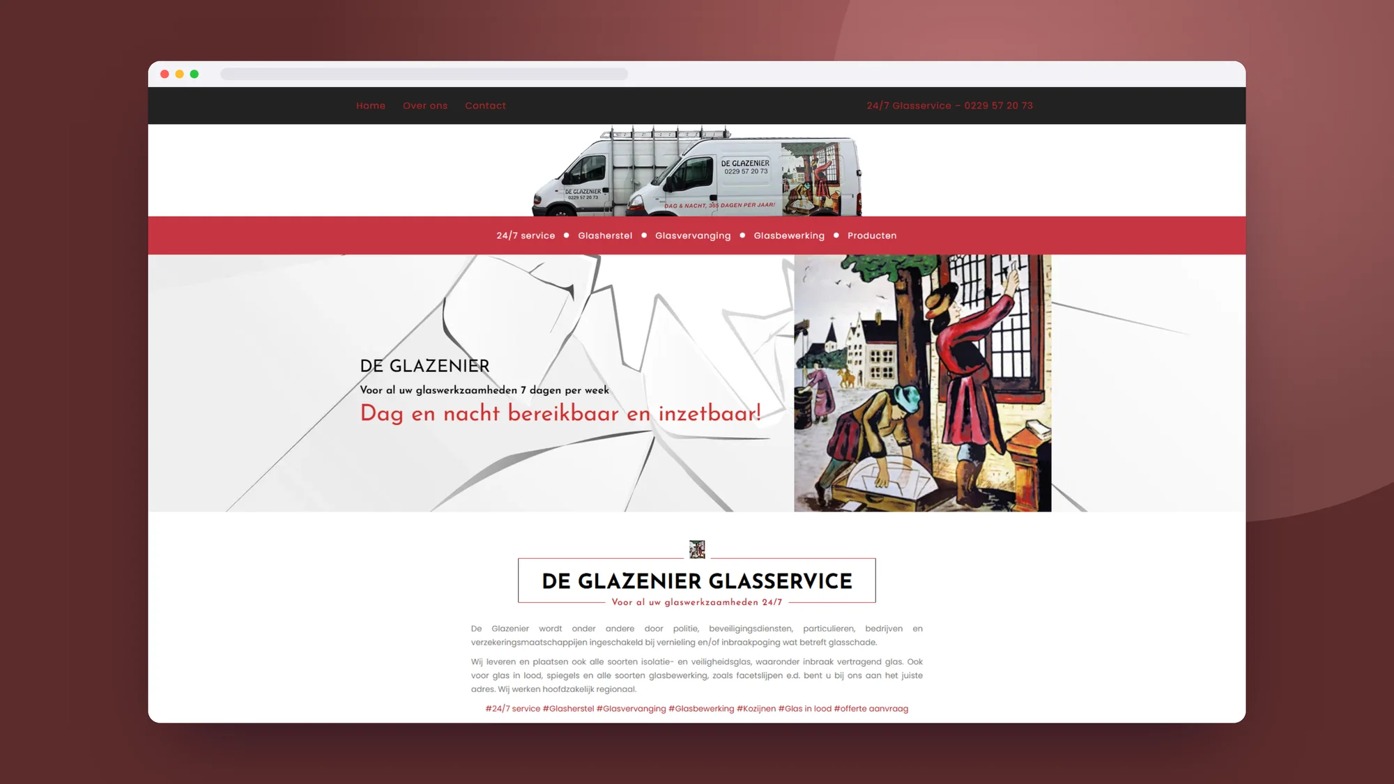 Glazenier Glasservice: Website door SjopSjop, getoond op desktop, laptop en smartphone