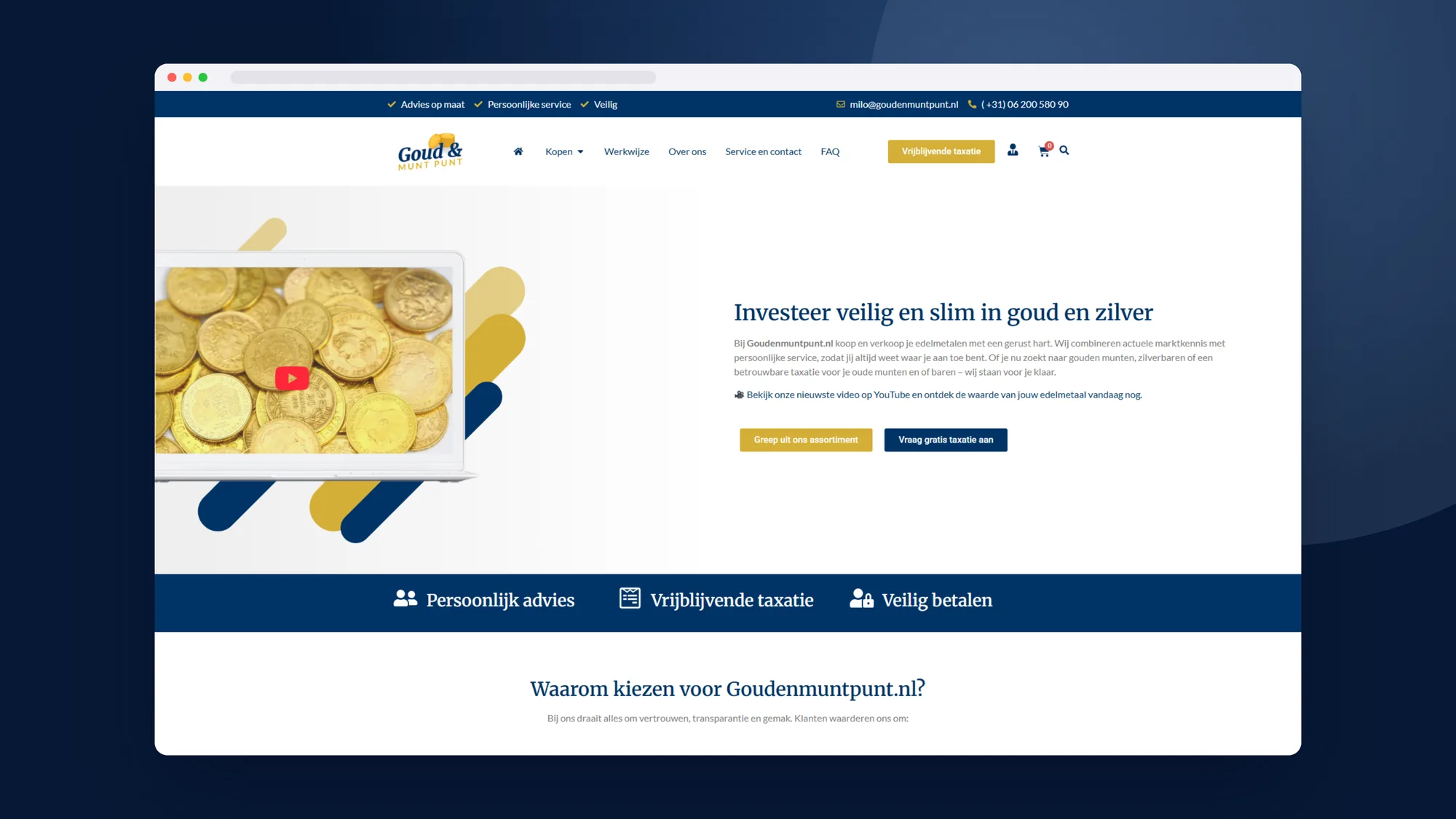 Goud en Munt Punt: Webshop door SjopSjop, getoond op desktop, laptop en smartphone