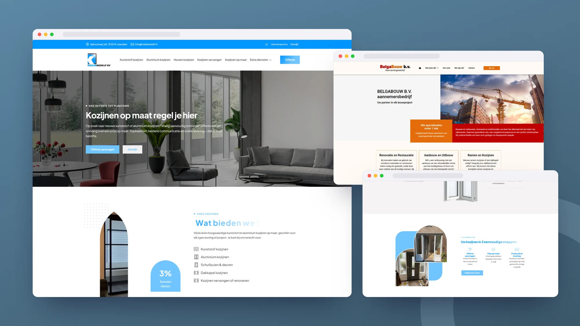 Kozijnbedrijf.nl & Belgabouw: Websites door SjopSjop, getoond op verschillende schermen