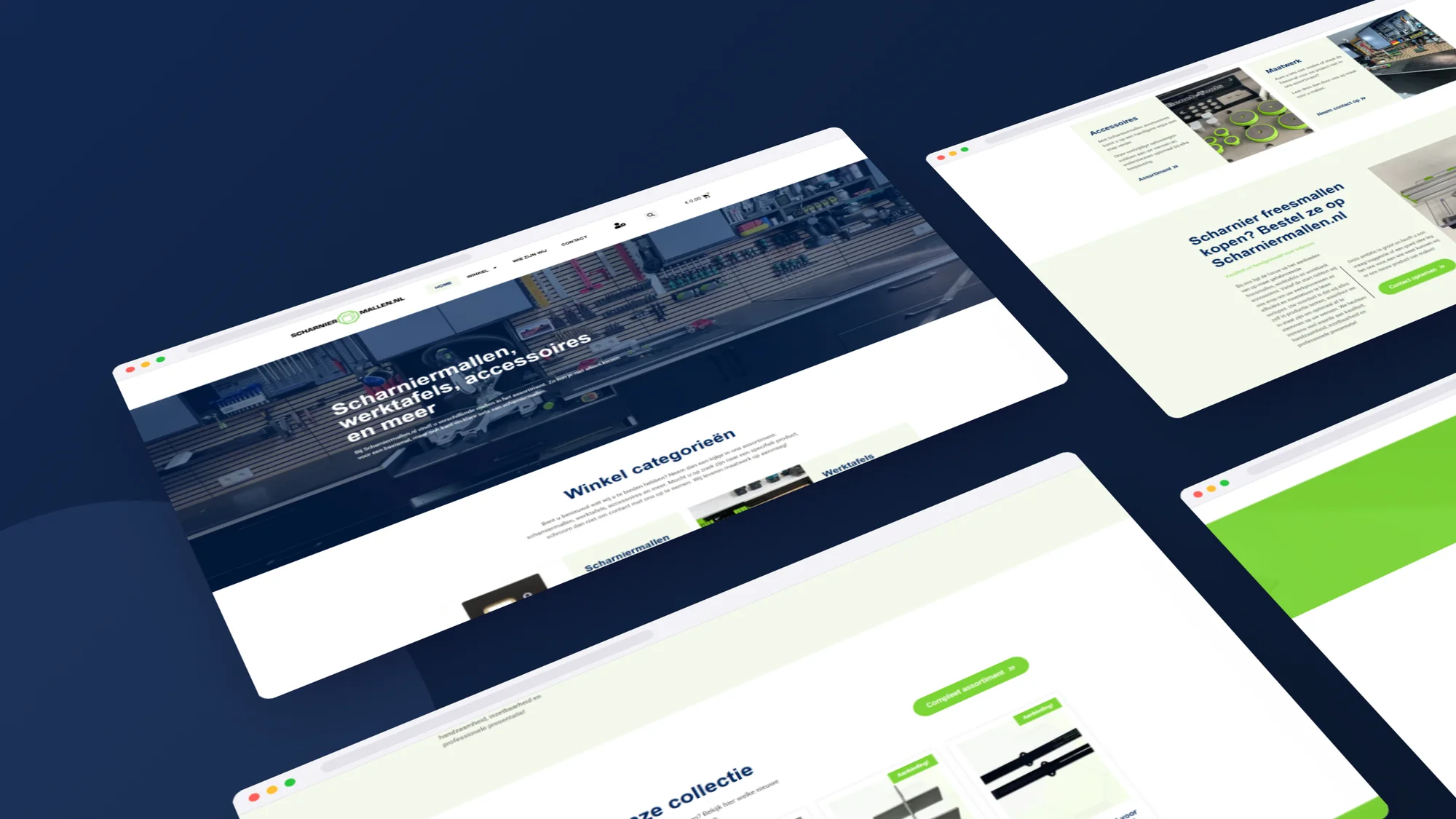 Scharniermallen.nl: Webshop door SjopSjop, getoond op desktop, laptop en smartphone