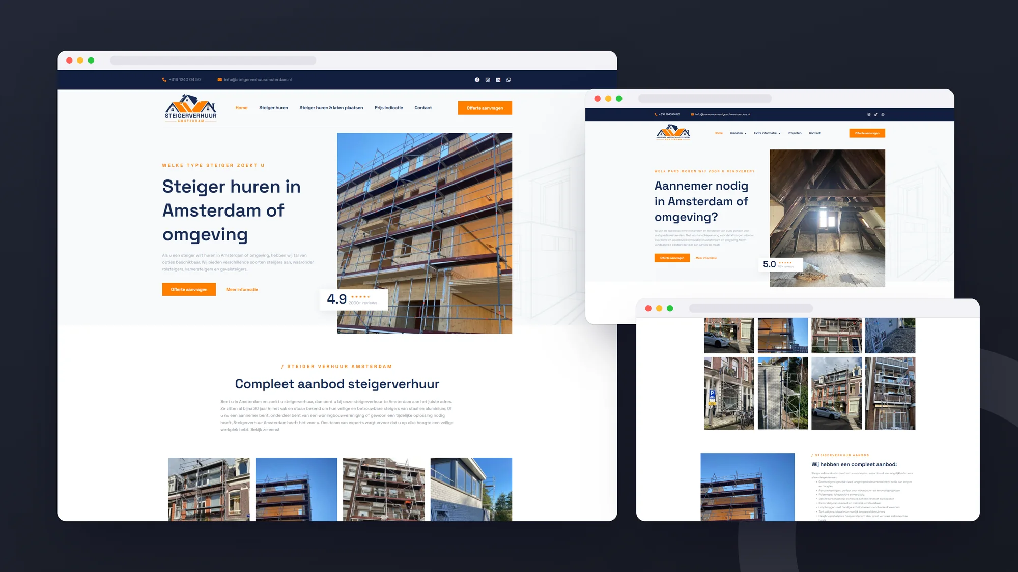 Steigerverhuur Amsterdam & Aannemer Vastgoedinvesteerders: Websites door SjopSjop, getoond op verschillende schermen
