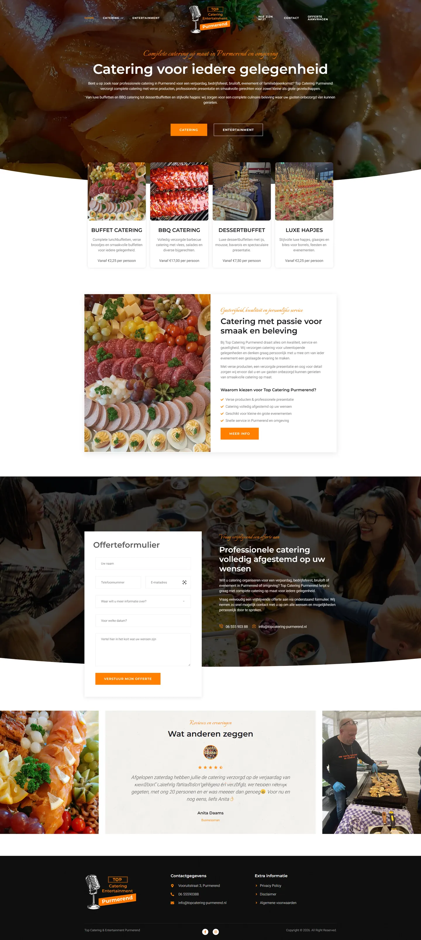 Volledige homepagina van topcatering-purmerend.nl, ontworpen en gebouwd door SjopSjop