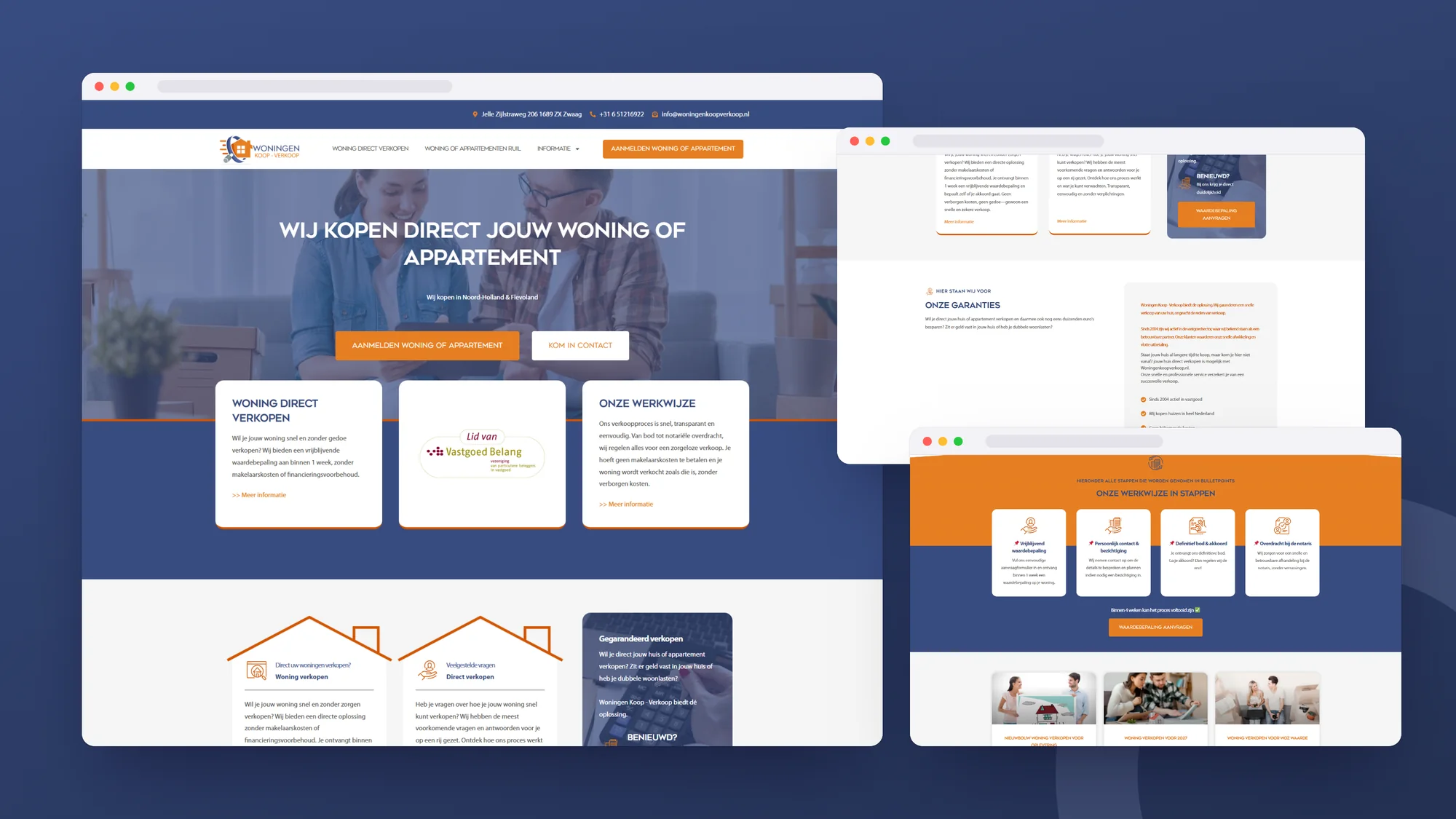 WoningenKoopVerkoop.nl: Website door SjopSjop, getoond op desktop, laptop en smartphone