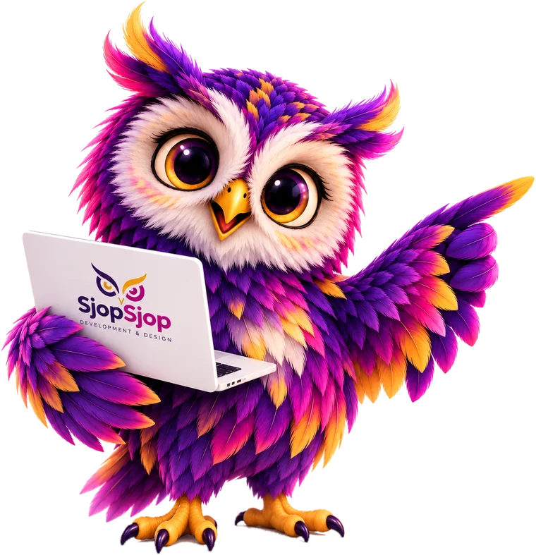 Sjoppie, de uil van SjopSjop, met een laptop