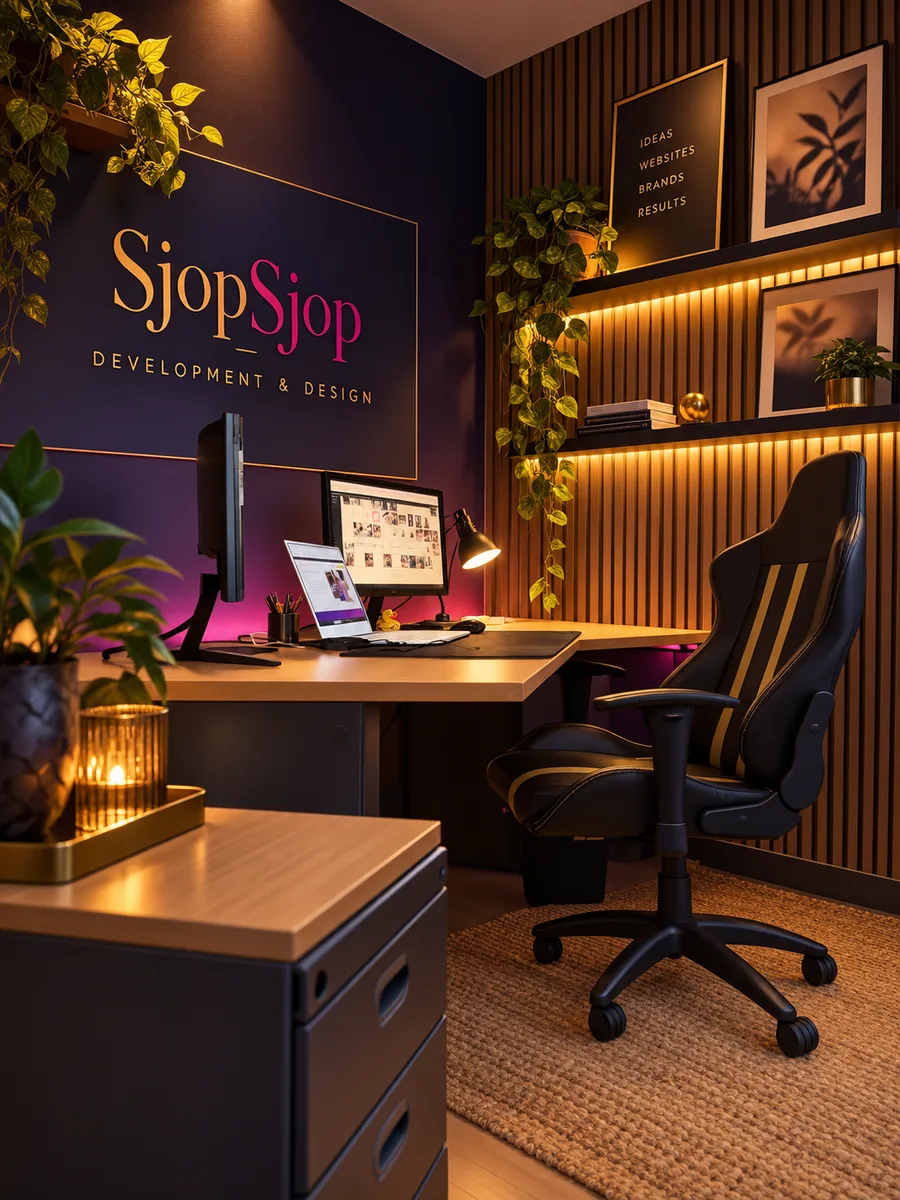 Werkplek van webdesign bureau SjopSjop Development & Design in De Goorn, met bureau, beeldschermen en het SjopSjop-logo aan de muur
